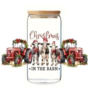 CHRISTMAS DECORATED Red Tractors w/ Cows 16oz Glass Libbey cup
